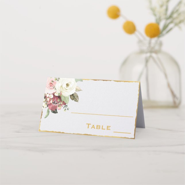 Tarjeta De Asiento Elegantes florines blancos malvas | Luxe Gold Edge (Anverso)