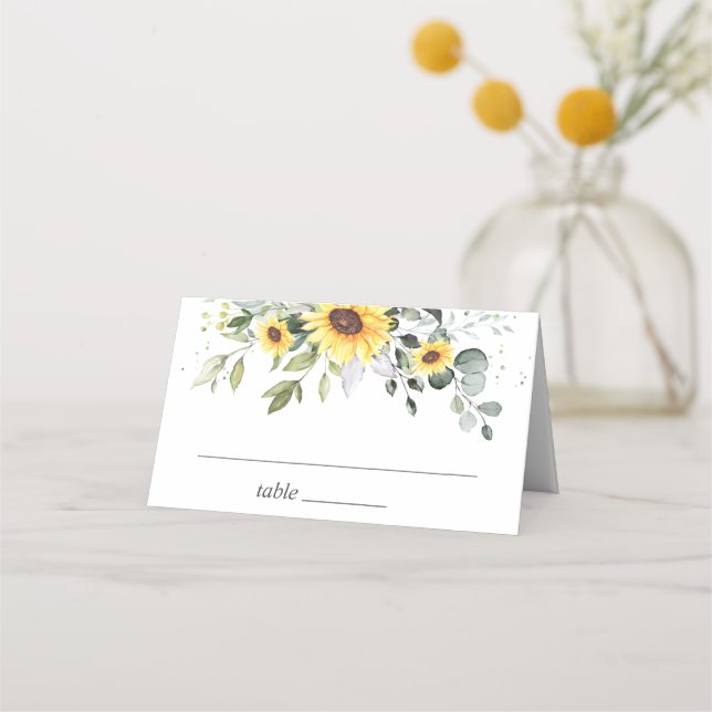 Tarjeta De Asiento Elegantes girasoles Eucalyptus Greenery Boda (Anverso)