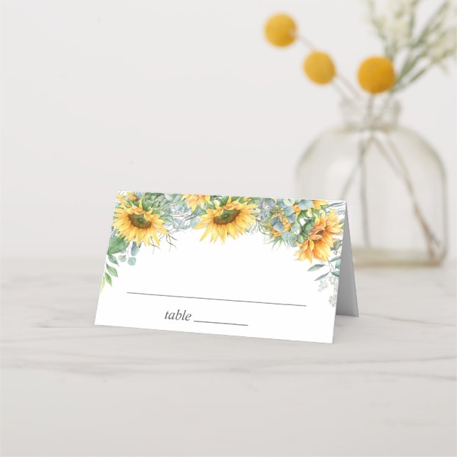 Tarjeta De Asiento Elegantes girasoles Eucalyptus Greenery Boda (Anverso)
