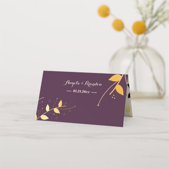 Tarjeta De Asiento Elegantes hojas doradas púrpura (Reverso)