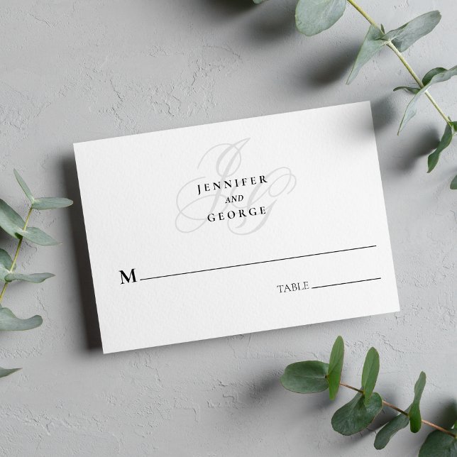 Tarjeta De Asiento Elegantes iniciales de monograma boda blanco elega (Elegant monogram initials stylish white wedding place card )