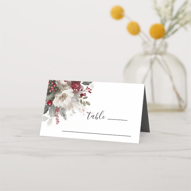 Tarjeta De Asiento Elegantes Navidades de Plata Roja Boda Floral de I (Anverso)