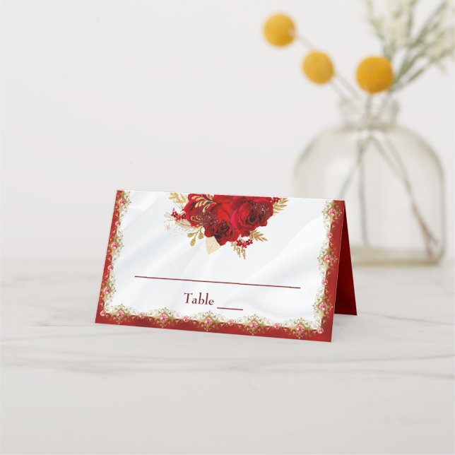 Tarjeta De Asiento Elegantes Rosas Bodas rojos y dorados (Anverso)