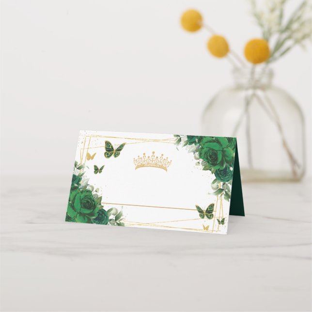 Tarjeta De Asiento Emerald GreeFloral Gold Butterflies Quinceañera 15 (Anverso)