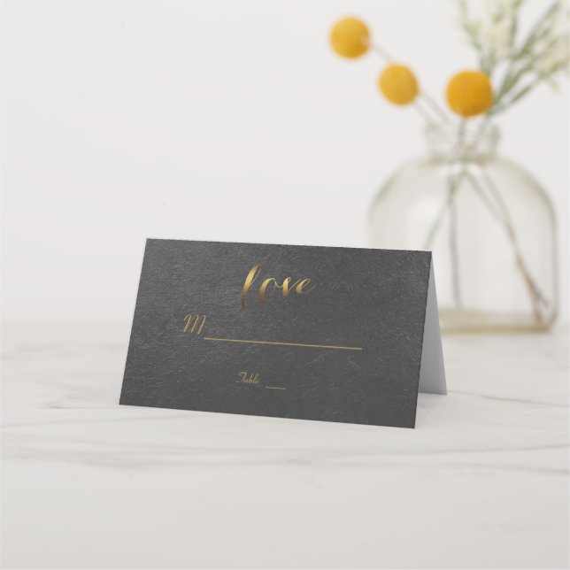 Tarjeta De Asiento Encantador Relieve metalizado dorado Boda negro (Anverso)