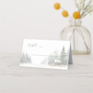 Tarjeta De Asiento Escena tranquila de cabaña en acuarela de invierno