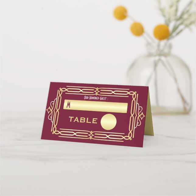 Tarjeta De Asiento Escort de escenario Art Deco Boda Gold Burgundy (Anverso)