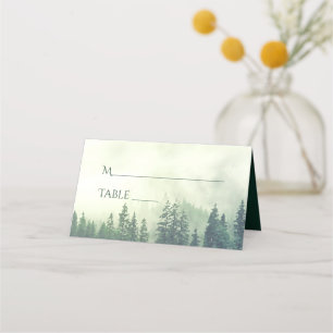 Tarjeta De Asiento Escritura Boda Rústica de Pinos Verdes Foggy