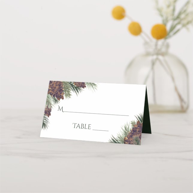Tarjeta De Asiento Escritura de Pinecones Rústicos Elegantes de Boda (Anverso)