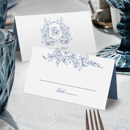 Tarjeta De Asiento Escudo Floral Azul Monograma Boda Elegante
