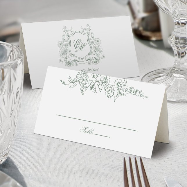 Tarjeta De Asiento Escudo floral verde sabio Monograma matrimonio ele (Subido por el creador)