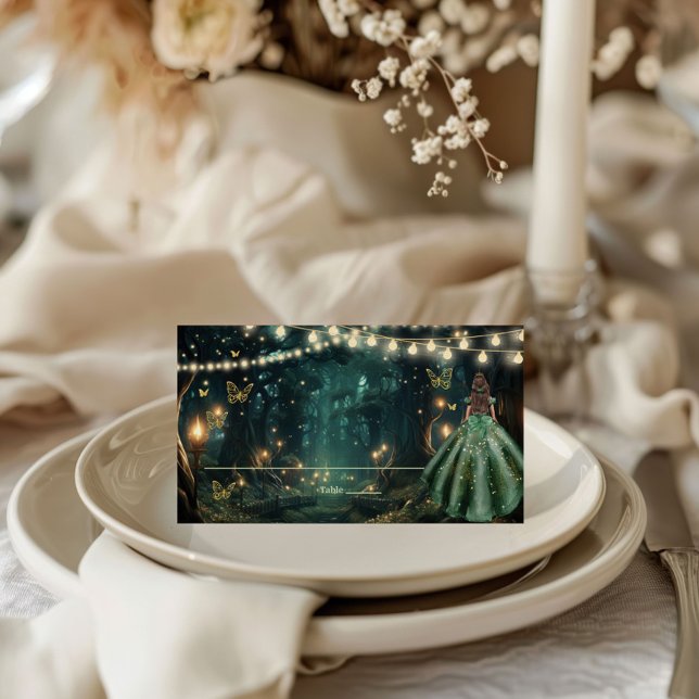 Tarjeta De Asiento Esmeralda Esmeralda Esmeralda Escándalo Vestido Qu (enchanted forest emerald green dress starry night fireflies fairy lights Quinceañera place cards)