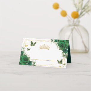 Tarjeta De Asiento Esmeralda Verde Floral Mariposas Doradas Quinceañe
