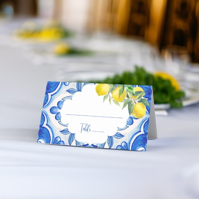 Tarjeta De Asiento Eso es azul amor tile limón italiano baby shower d (That's amore vintage Italian Blue tile lemon bridal shower wedding Place Card personalized decor)