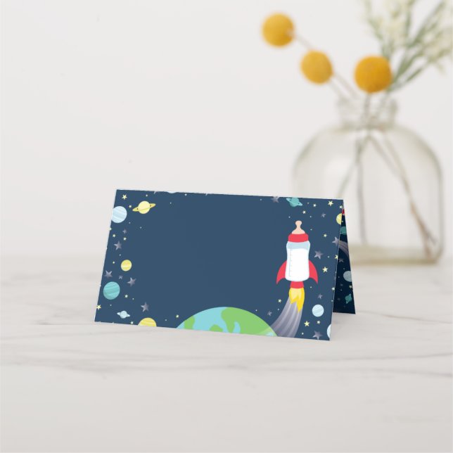 Tarjeta De Asiento Espacio Ultraterrestre Baby Shower Botella Rocket  (Anverso)