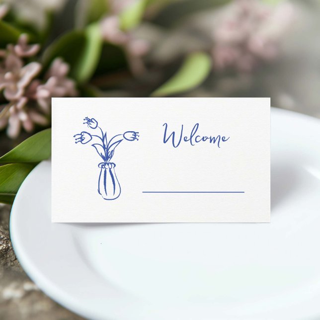 Tarjeta De Asiento Espectacular garganta de garganta deslumbrada duch (whimsical doodle blue flower vase welcome place card for bridal shower)