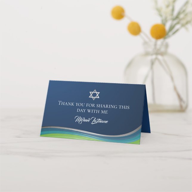 Tarjeta De Asiento Estrella de David Green y Blue Gradient Bar Mitzva (Reverso)