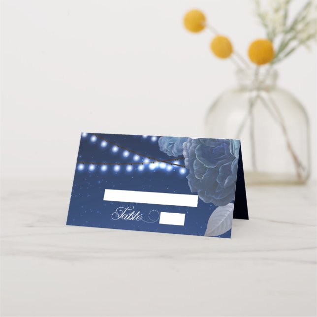 Tarjeta De Asiento Estrellas de luces de cadena Boda elegante azul (Anverso)