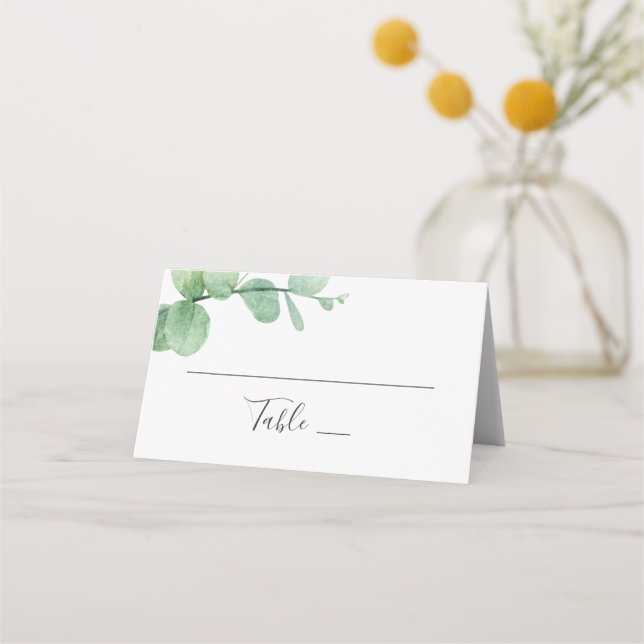 Tarjeta De Asiento Eucalipto acuarela. Elegante boda de vegetación (Anverso)