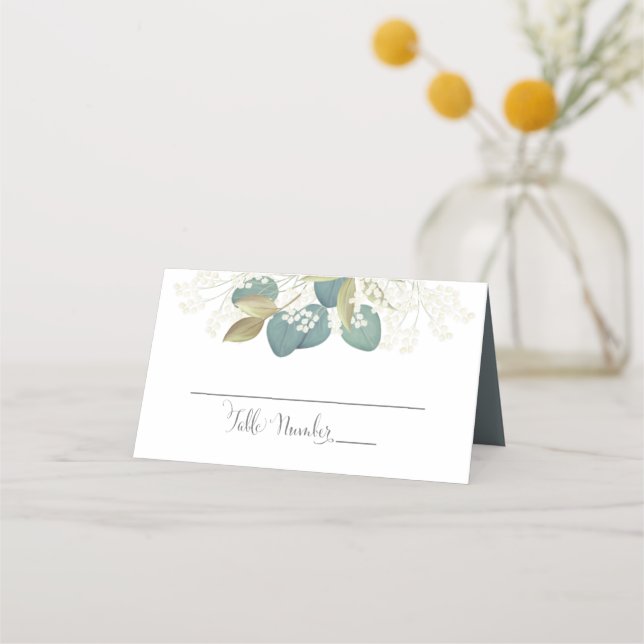 Tarjeta De Asiento Eucalipto de bodas elegantes y oliage de oro (Anverso)