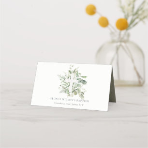 Tarjeta De Asiento Eucalipto Verde Rústico Fern Foliage Cross Baptism