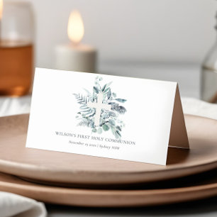 Tarjeta De Asiento Eucalyptus Fern Foliage Cross First Holy Communia
