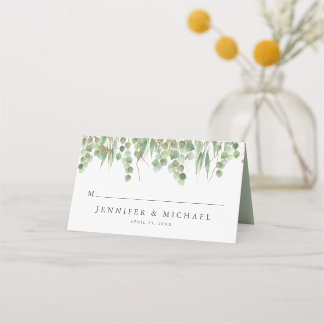 Tarjeta De Asiento Eucalyptus Green Watercolor & Gold Boda (Anverso)