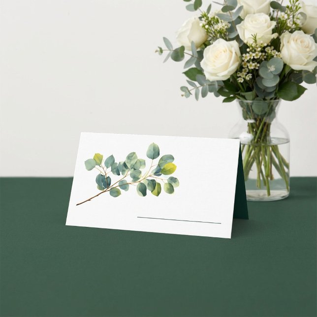 Tarjeta De Asiento Eucalyptus rama hojas verdes nombre boda (Eucalyptus branch green leaves wedding name place card.)