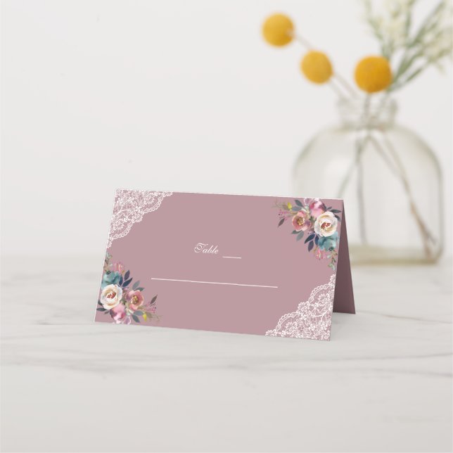Tarjeta De Asiento Extraordinaria Dusty Blue Dusty Rosa Flores Place  (Anverso)