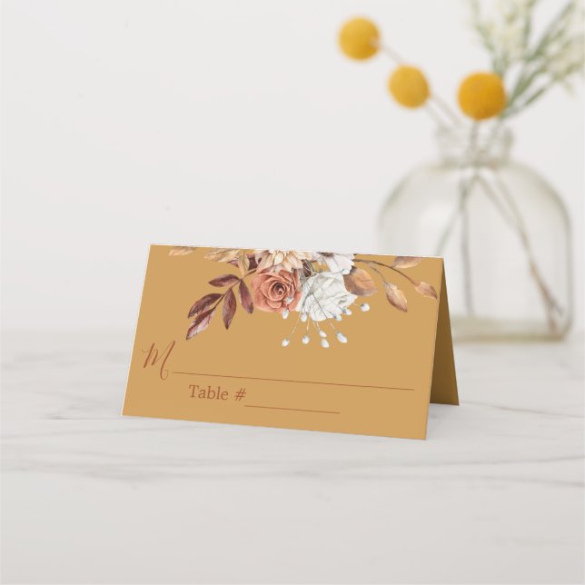 Tarjeta De Asiento Fall Floral Flowers Gold Boda Place Card (Anverso)