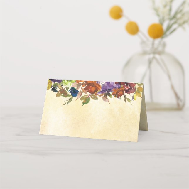 Tarjeta De Asiento Fall Floral Purple Burn Naranja Yellow Place Card (Anverso)