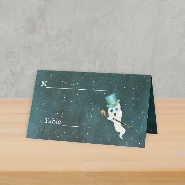 Tarjeta De Asiento Fancy Ghost Blue Top Hat Skull Cane Night Sky (Floating fancy ghost top hat gold skull cane in night sky with stars on standing table place card.)