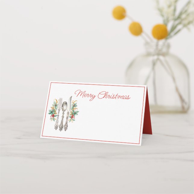 Tarjeta De Asiento Fancy Holiday Silverware Merry Christmas (Anverso)