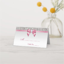 Faux Silver Sequings Pink Bow Place Card