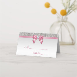 Tarjeta De Asiento Faux Silver Sequings Pink Bow Place Card