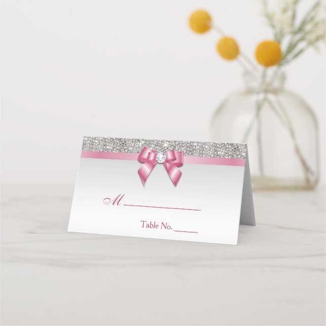 Tarjeta De Asiento Faux Silver Sequings Pink Bow Place Card (Anverso)