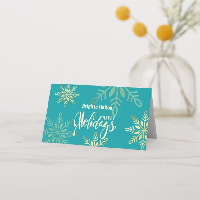 Tarjeta De Asiento Felices vacaciones Navidades, dorados copos de nie (Anverso)