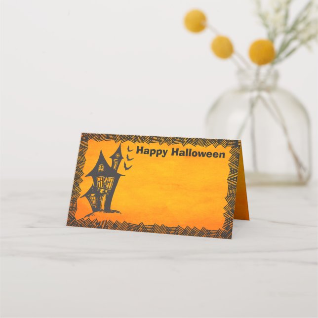 Tarjeta De Asiento Feliz Halloween Wites una casa embrujada (Anverso)
