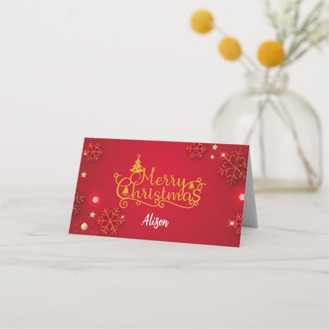 Tarjeta De Asiento Festive Red & Gold Folded Place Card (Personalize) (Anverso)
