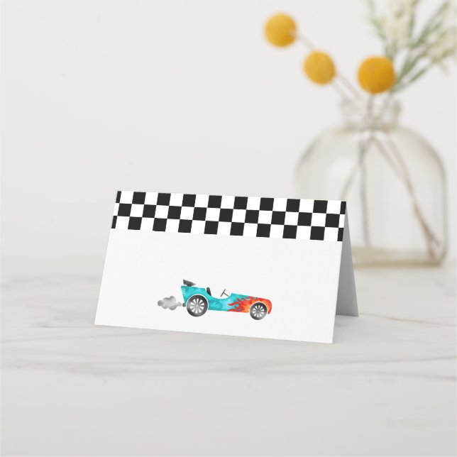 Tarjeta De Asiento Fiesta de cumpleaños de Blue Race Car Boy (Anverso)