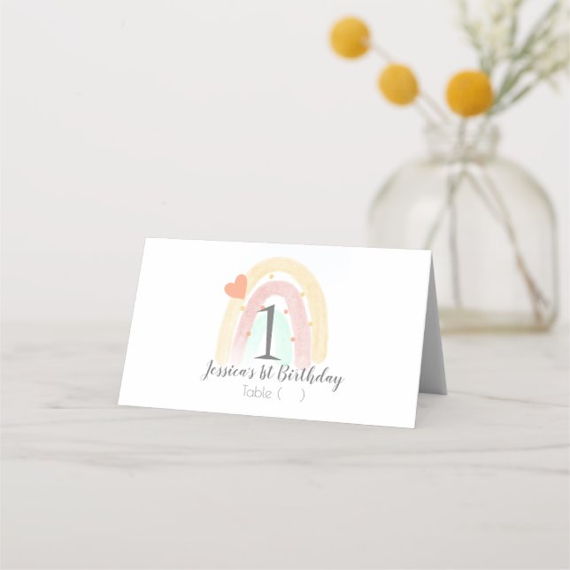 Tarjeta De Asiento Fiesta de cumpleaños número uno con arcoíris de ac (Anverso)