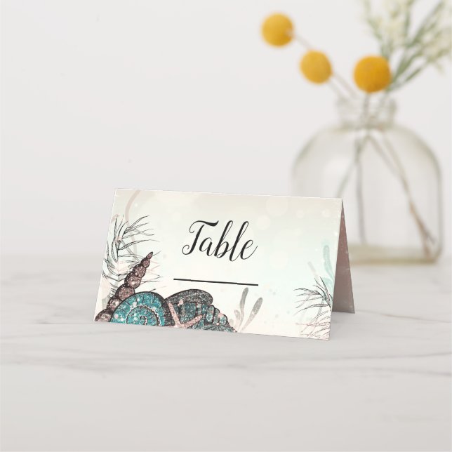 Tarjeta De Asiento Fiesta de dulces 16 bajo conchas rosadas en la pla (Anverso)