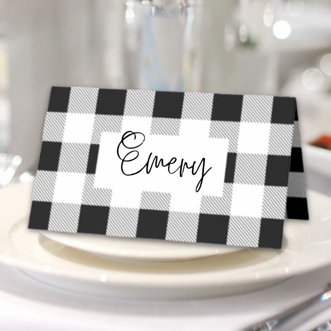 Tarjeta De Asiento fiesta de granja rústica de cuadros negro y blanco (rustic farmhouse black white buffalo plaid party place card)
