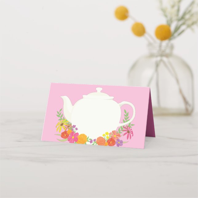 Tarjeta De Asiento Fiesta de té Baby Shower Teapot Chica rosado (Anverso)