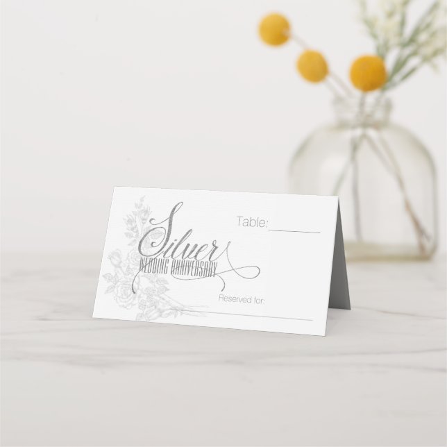 Tarjeta De Asiento fiesta del 25° Aniversario de Plata con rosas blan (Anverso)