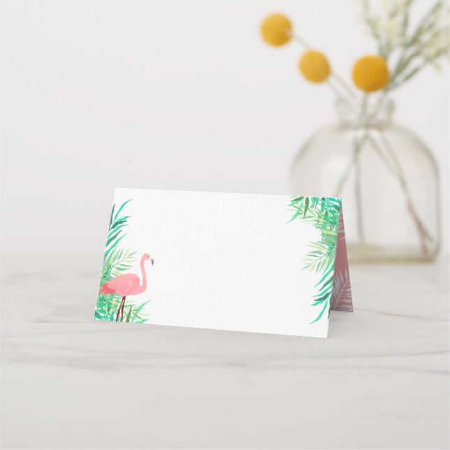 Tarjeta De Asiento Flamingo acuático y hojas de palma Boda tropical (Anverso)