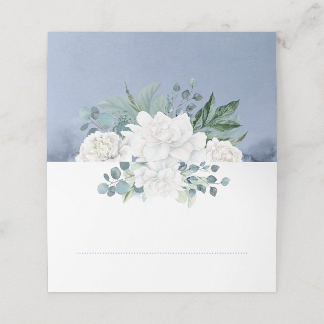 Tarjeta De Asiento Flor blanca Dusty Azul Elegante (Exterior desplegado)
