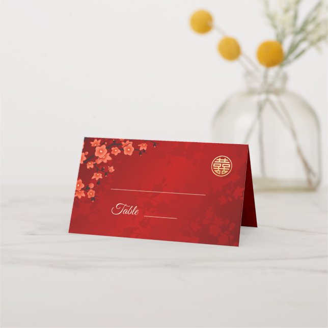 Tarjeta De Asiento Flor Oriental Roja Dorada | Boda China (Anverso)