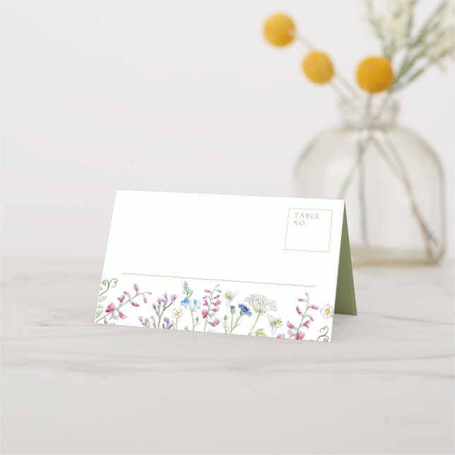 Tarjeta De Asiento Flor silvestre acuarela esboza boda verde blanco (Anverso)
