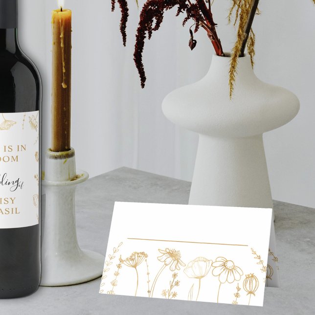 Tarjeta De Asiento Flor silvestre dorada Esbozo simple flor (Wedding Table Place Card in White & Gold, from my Wildflower Sketch collection)